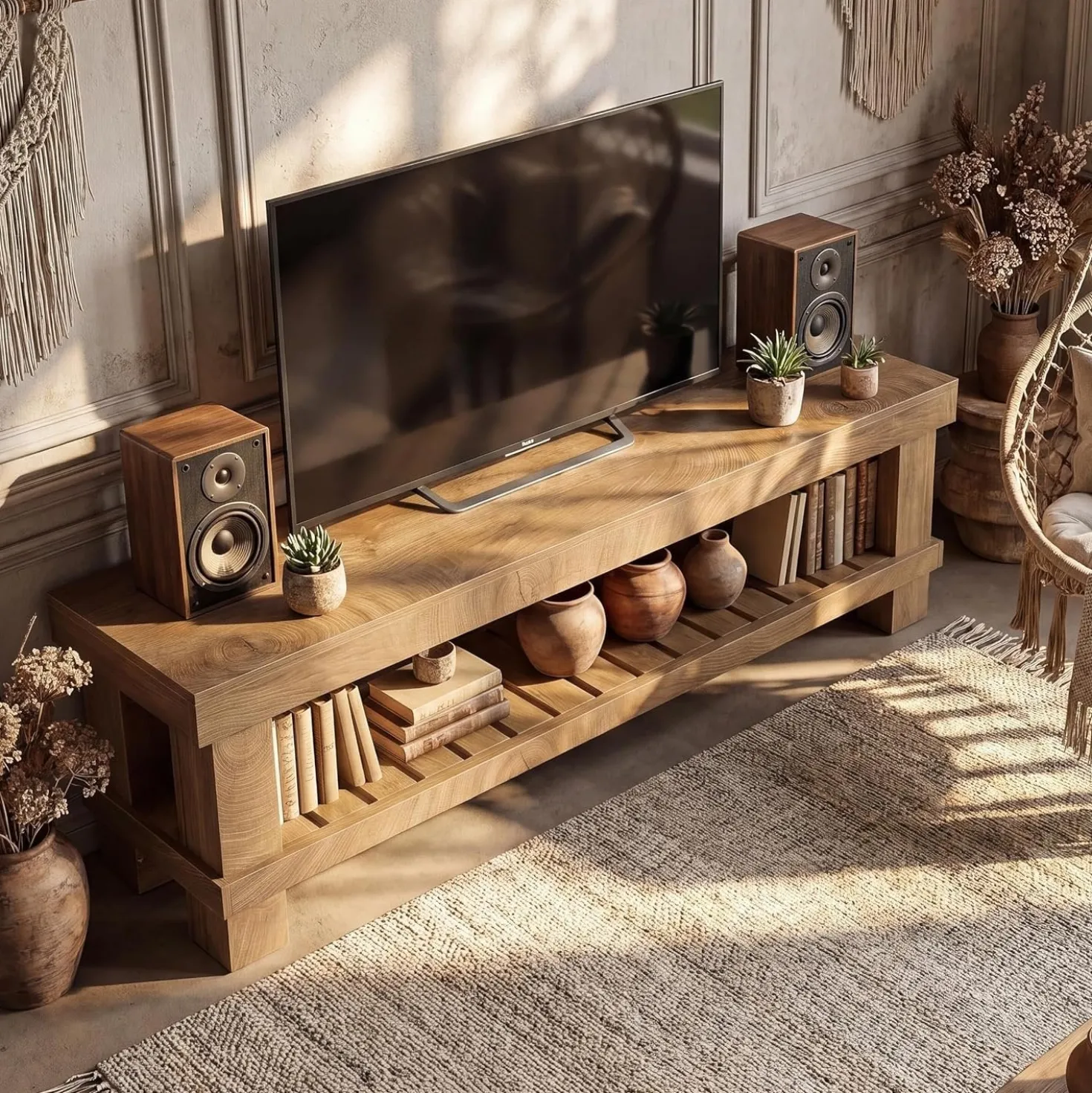 63" Farmhouse TV Stand, Media Entertainment Center Console with Slatted Open Shelf