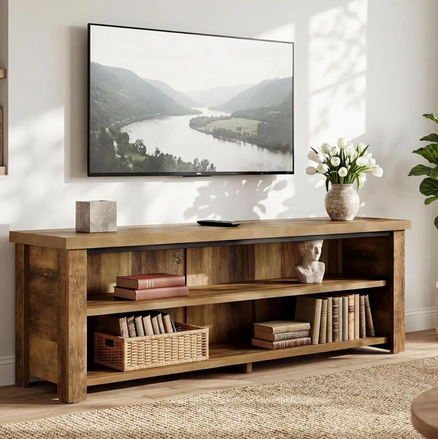 55.1" Farmhouse TV Stand, 2-Tier Media Console Entertainment Center for 55/60/65-Inch TVs