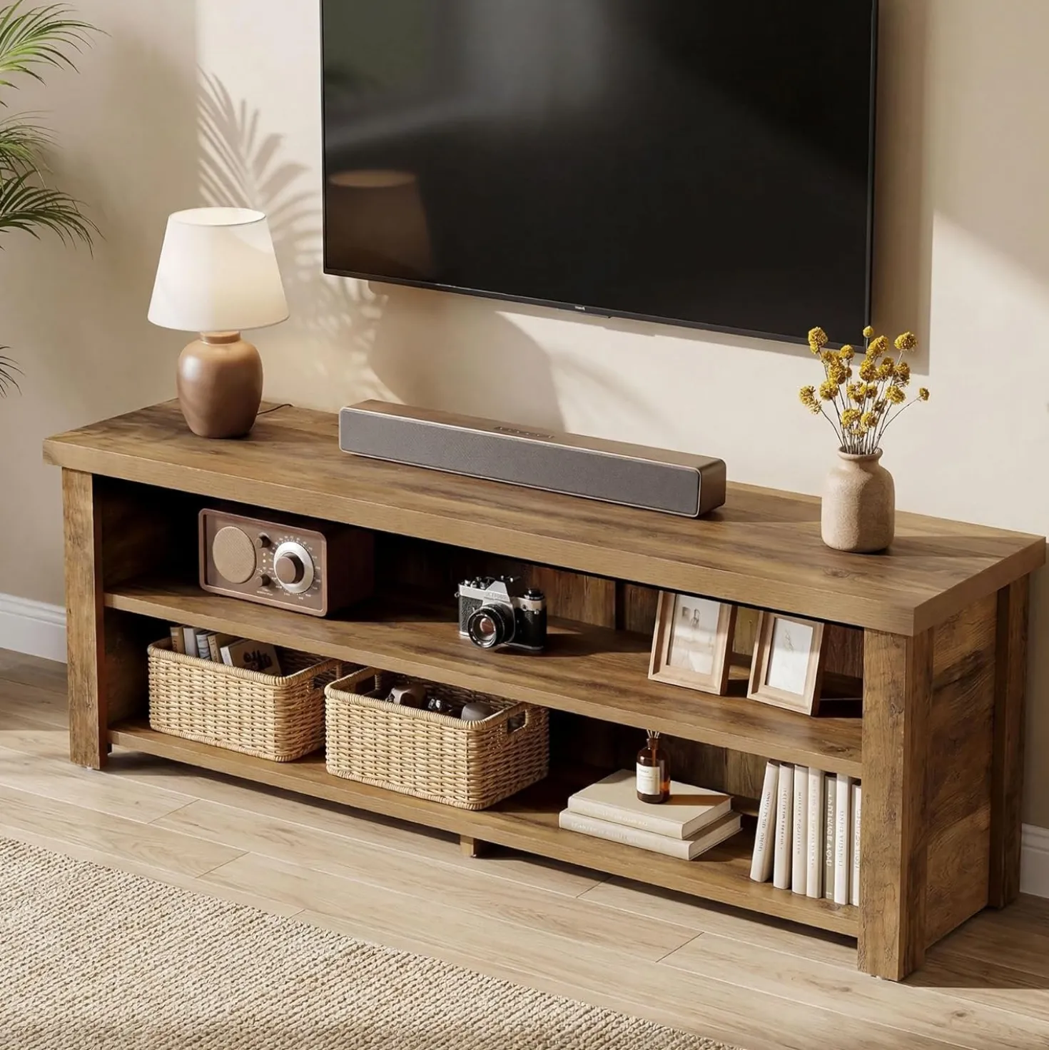 55.1" Farmhouse TV Stand, 2-Tier Media Console Entertainment Center for 55/60/65-Inch TVs
