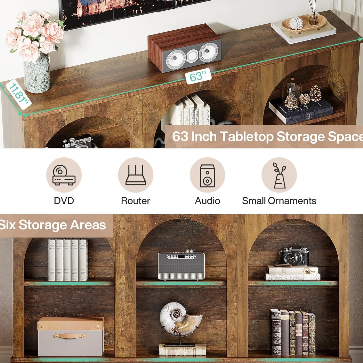 62.99“ Farmhouse TV Stand with Storage Cabinets, Media Console for Up to 65-Inch TV