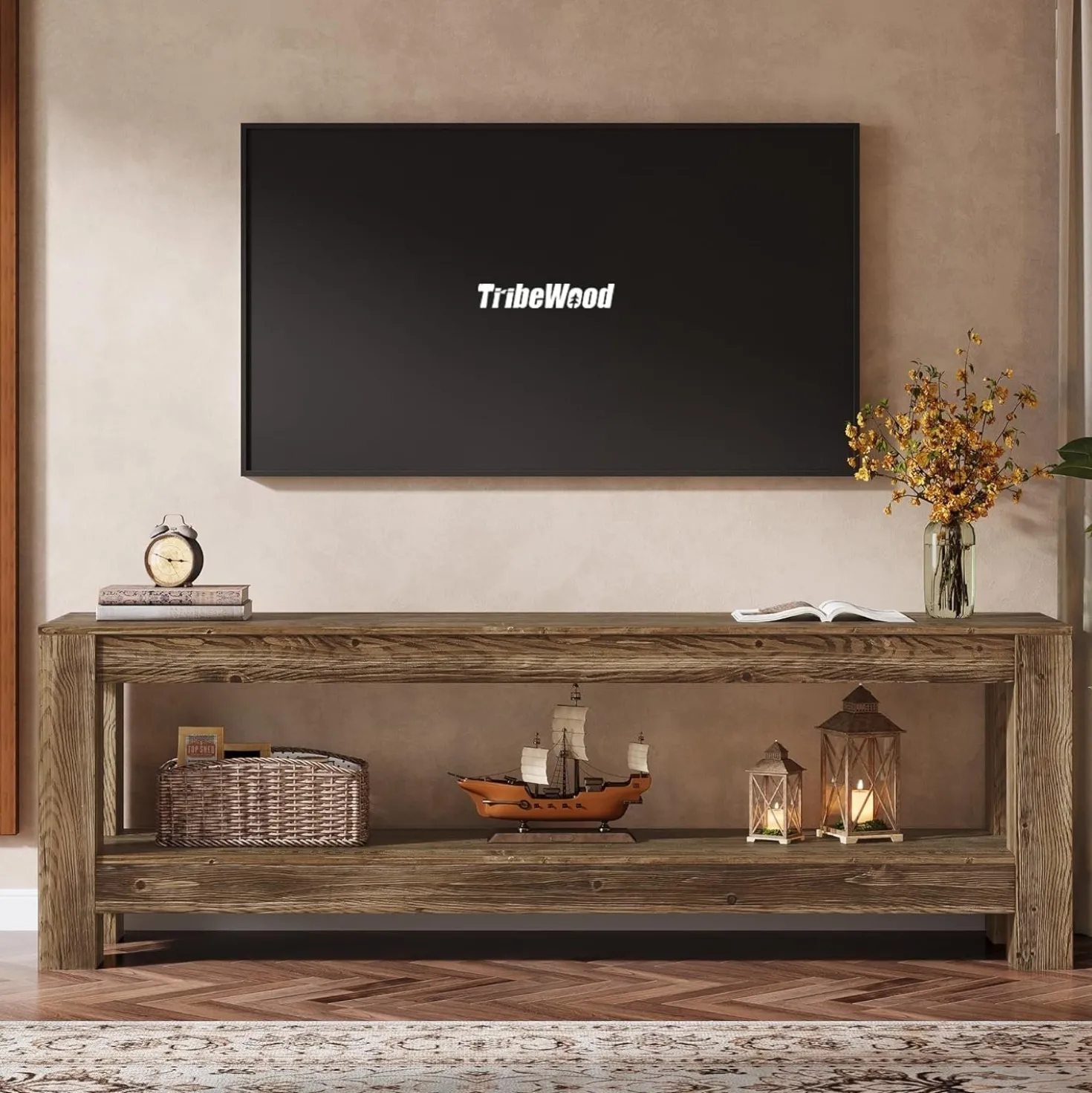 70.9" Farmhouse TV Stand, Wood Entertainment Center for 65/70/80/85-Inch TVs