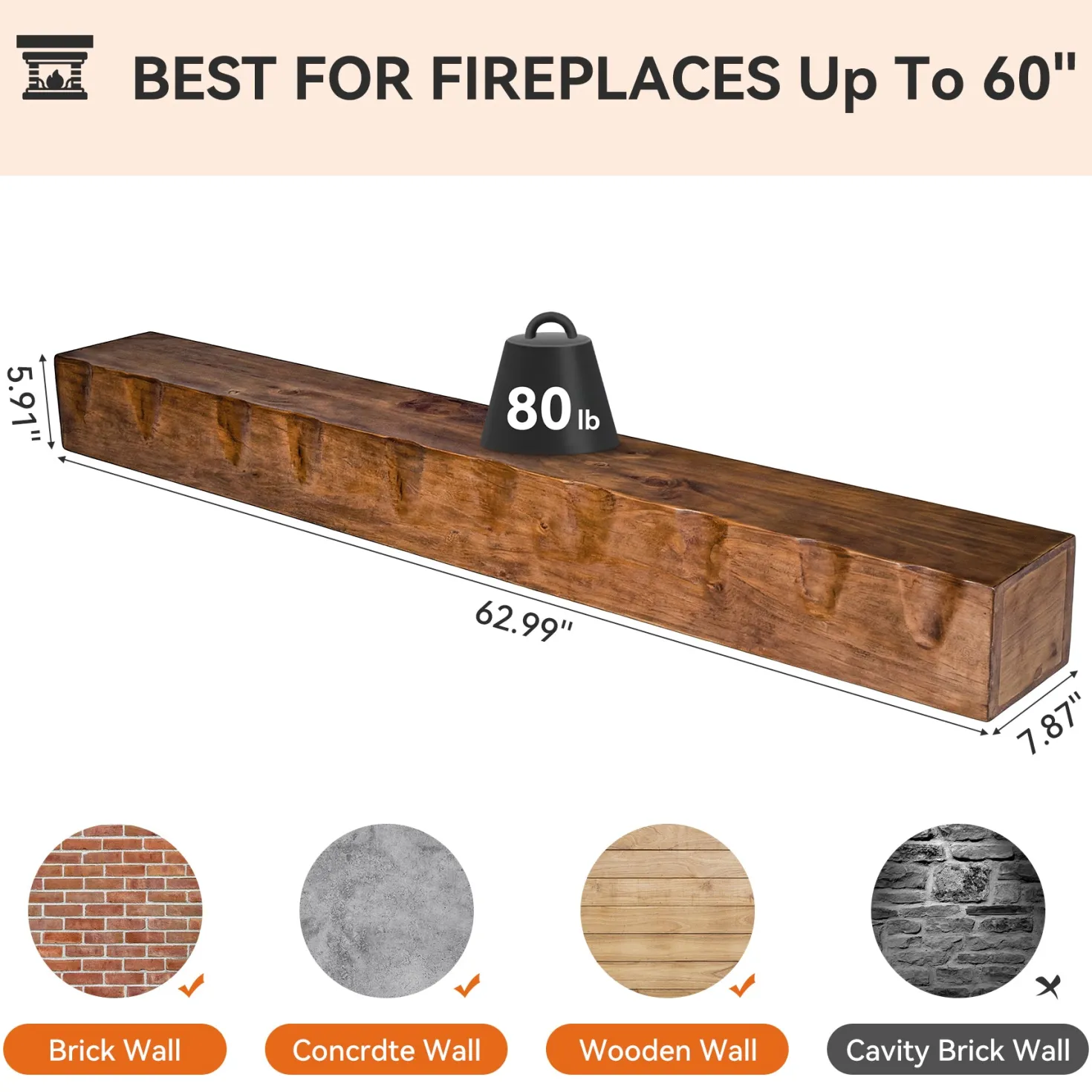 63" Fireplace Mantel Shelf, Solid Wood Wall Floating Mantel Shelf for Over Fireplace