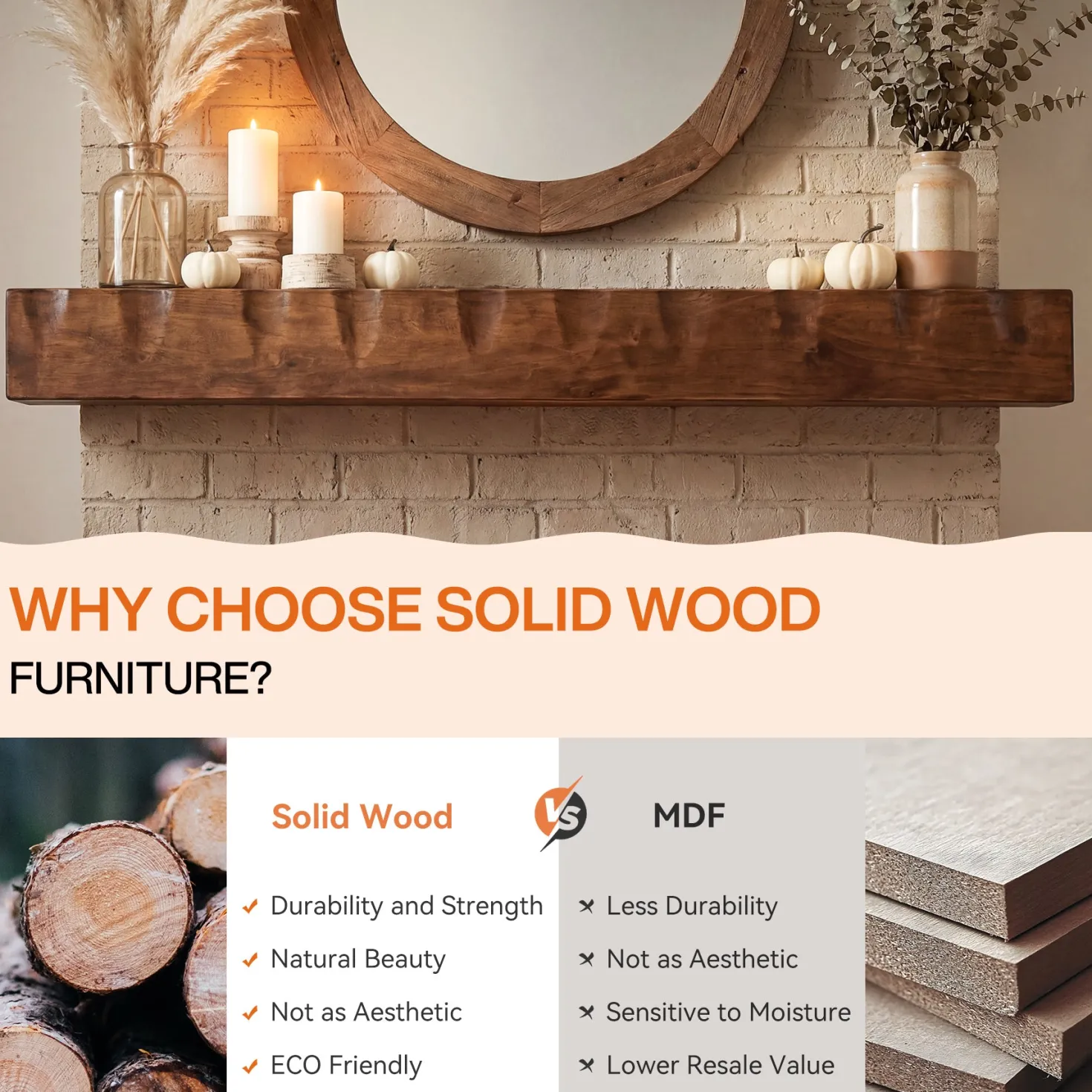 63" Fireplace Mantel Shelf, Solid Wood Wall Floating Mantel Shelf for Over Fireplace