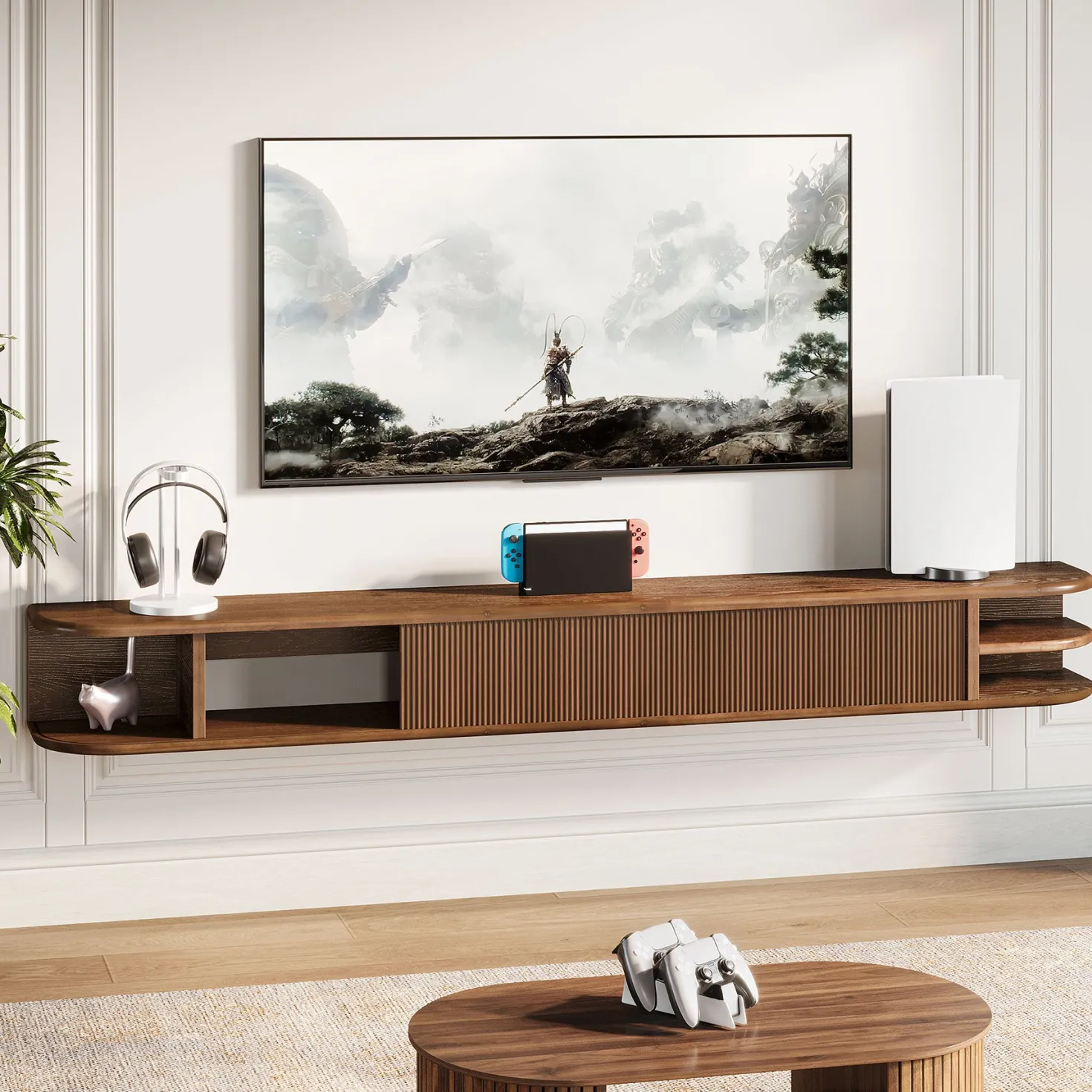 71" Floating TV Stand with Fluted Doors, Solid Wood Media Console with Cable Management for 50-90" TVs