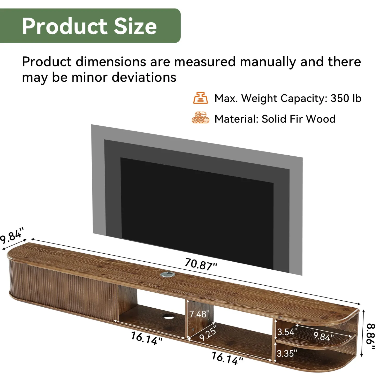 71" Floating TV Stand with Fluted Doors, Solid Wood Media Console with Cable Management for 50-90" TVs