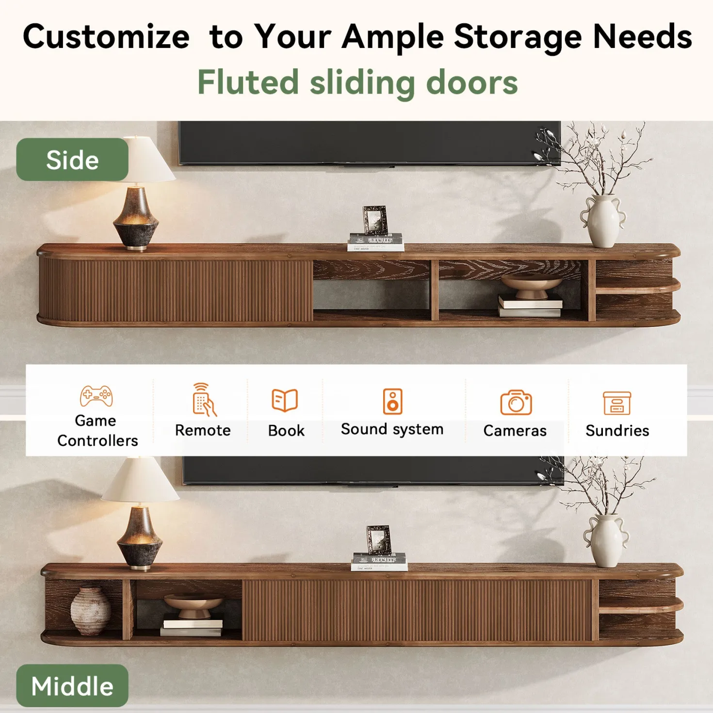 71" Floating TV Stand with Fluted Doors, Solid Wood Media Console with Cable Management for 50-90" TVs