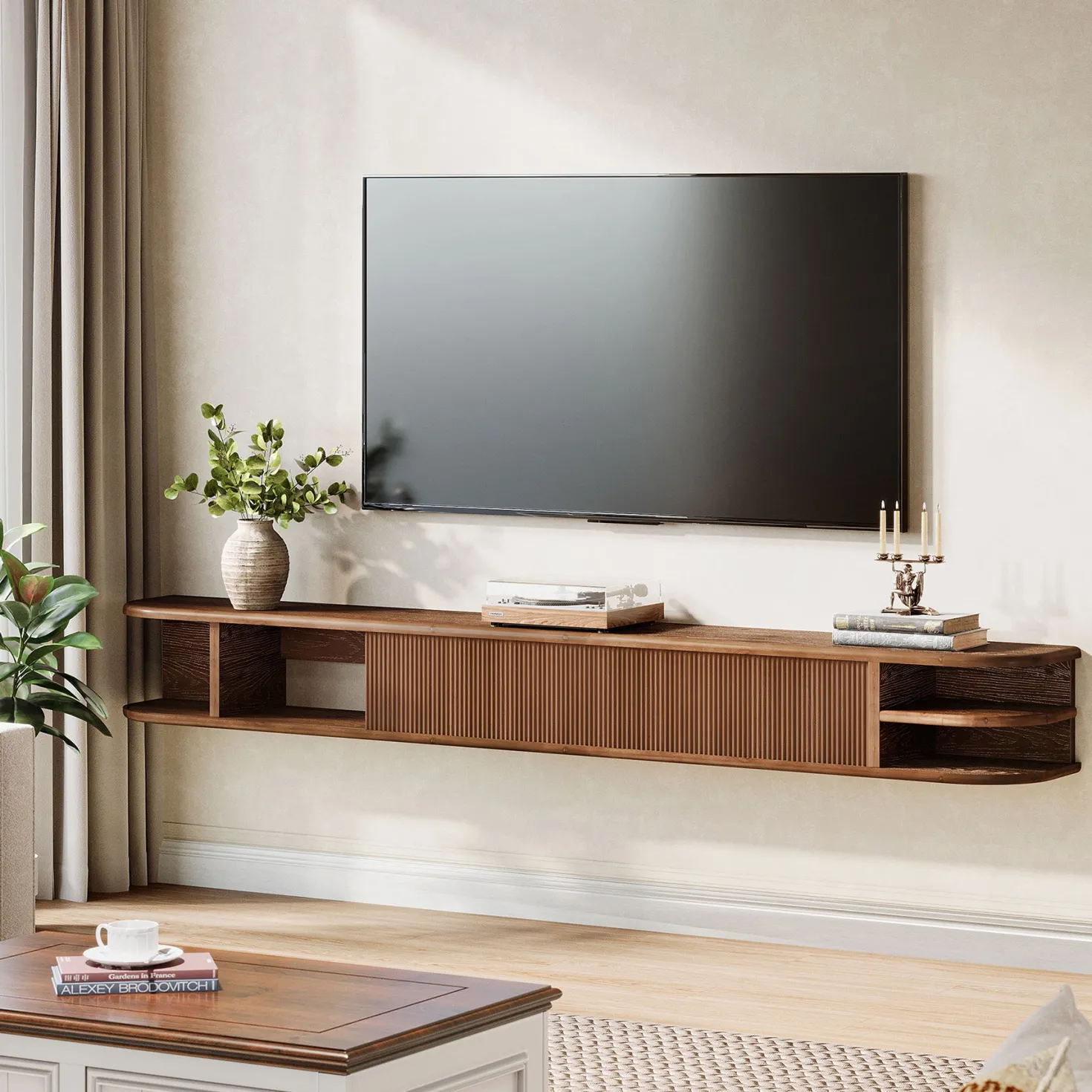 71" Floating TV Stand with Fluted Doors, Solid Wood Media Console with Cable Management for 50-90" TVs