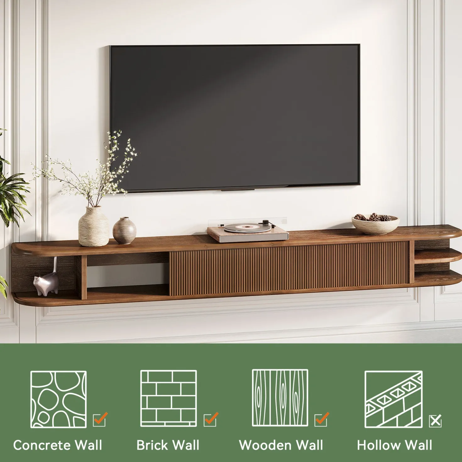 71" Floating TV Stand with Fluted Doors, Solid Wood Media Console with Cable Management for 50-90" TVs