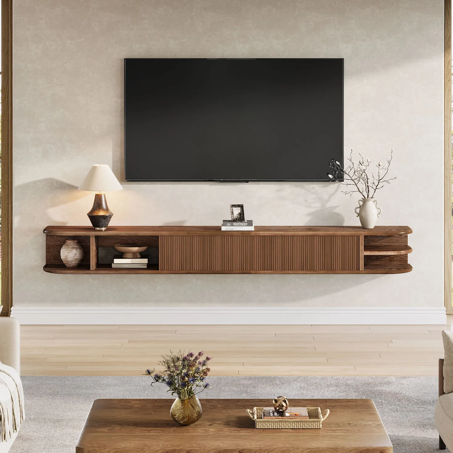 71" Floating TV Stand with Fluted Doors, Solid Wood Media Console with Cable Management for 50-90" TVs
