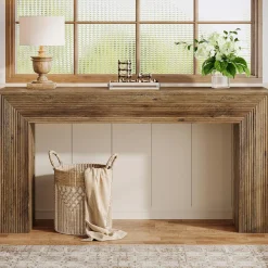 63" Fluted Console Table, Rustic Entryway Table Sofa Table Behind Couch