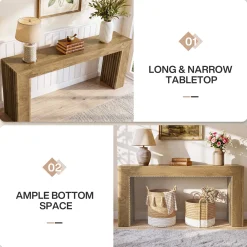 63" Fluted Console Table with Roman Column Legs, Narrow Farmhouse Entryway Sofa Table with Wood-Grain Finish