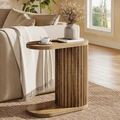 23.62" Fluted C-Shaped End Table with Oval Top, Narrow Side Table for Couch