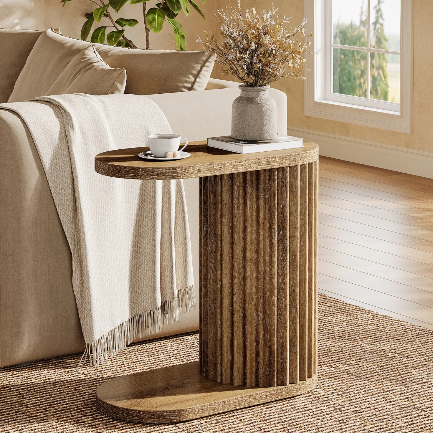 23.62" Fluted C-Shaped End Table with Oval Top, Narrow Side Table for Couch