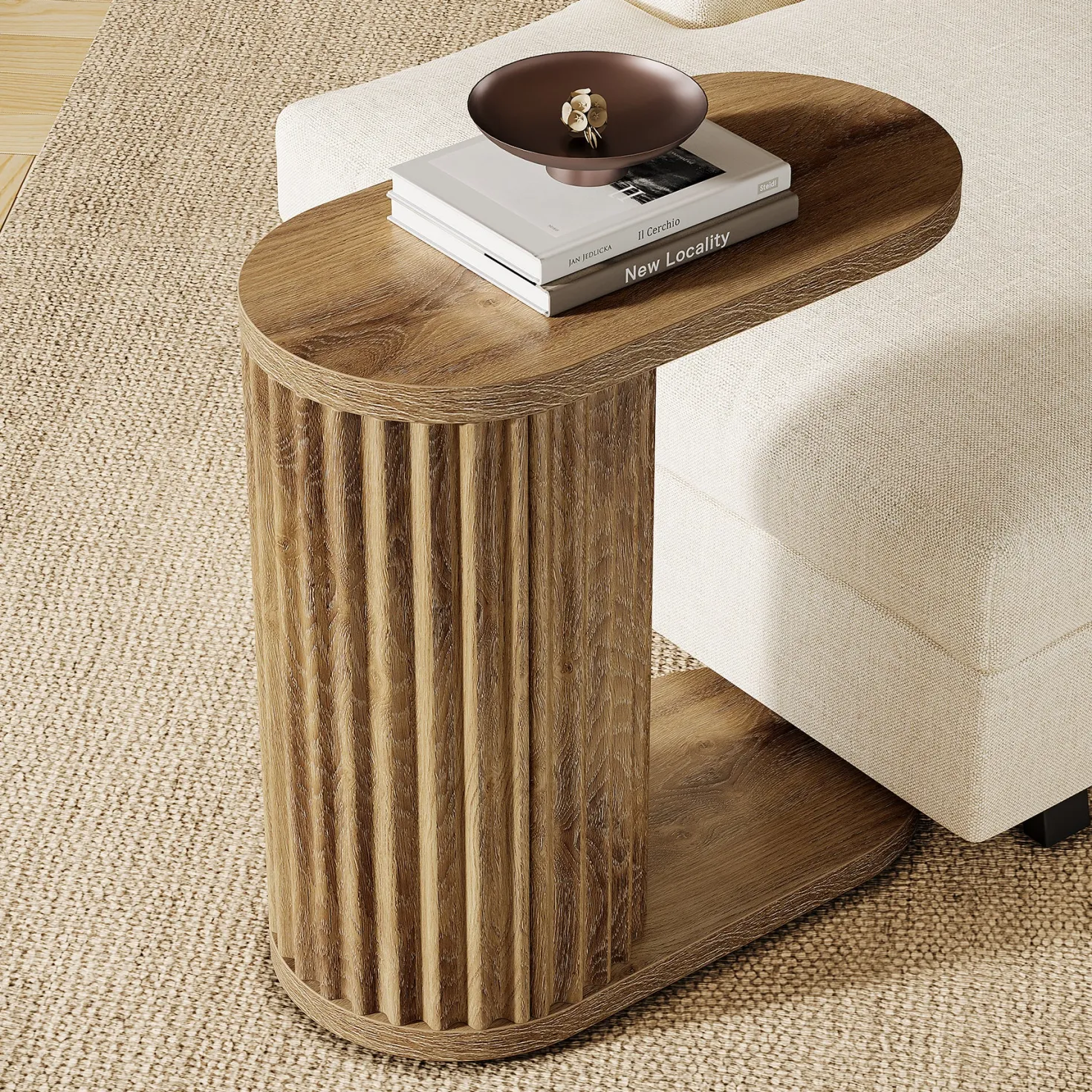 23.62" Fluted C-Shaped End Table with Oval Top, Narrow Side Table for Couch