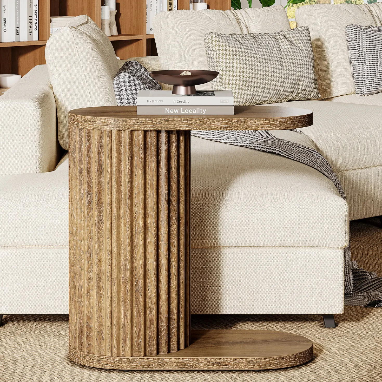 23.62" Fluted C-Shaped End Table with Oval Top, Narrow Side Table for Couch