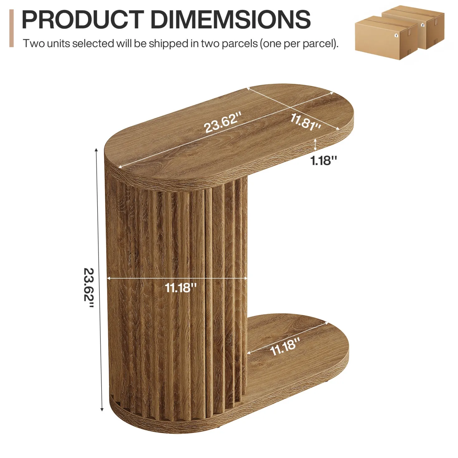 23.62" Fluted C-Shaped End Table with Oval Top, Narrow Side Table for Couch