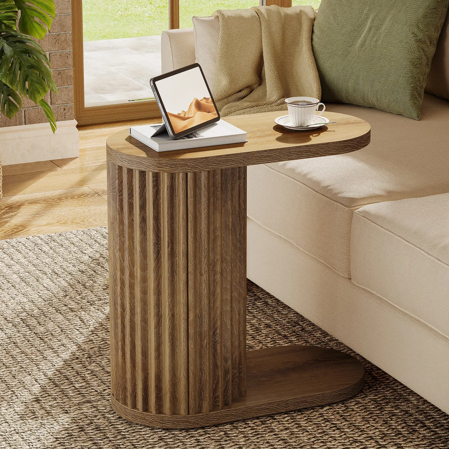 23.62" Fluted C-Shaped End Table with Oval Top, Narrow Side Table for Couch