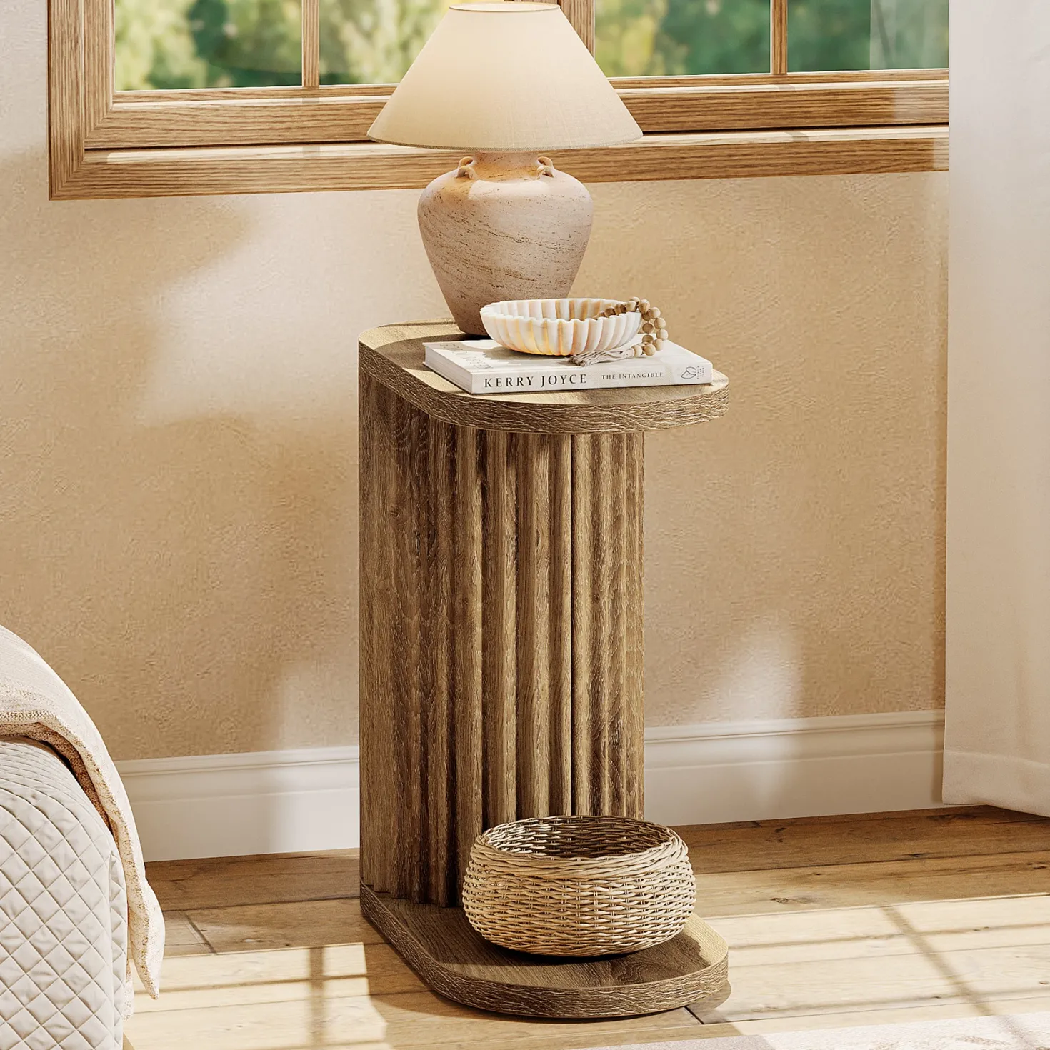 23.62" Fluted C-Shaped End Table with Oval Top, Narrow Side Table for Couch