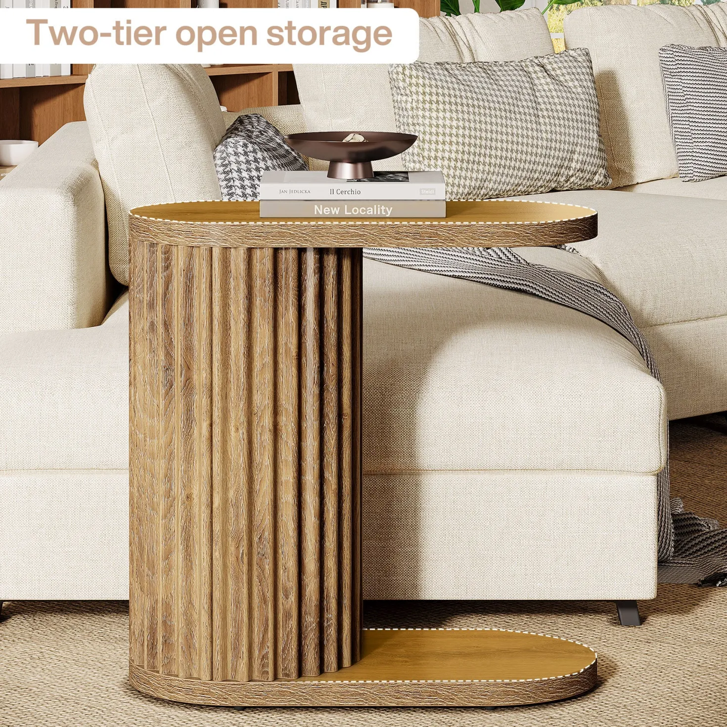 23.62" Fluted C-Shaped End Table with Oval Top, Narrow Side Table for Couch