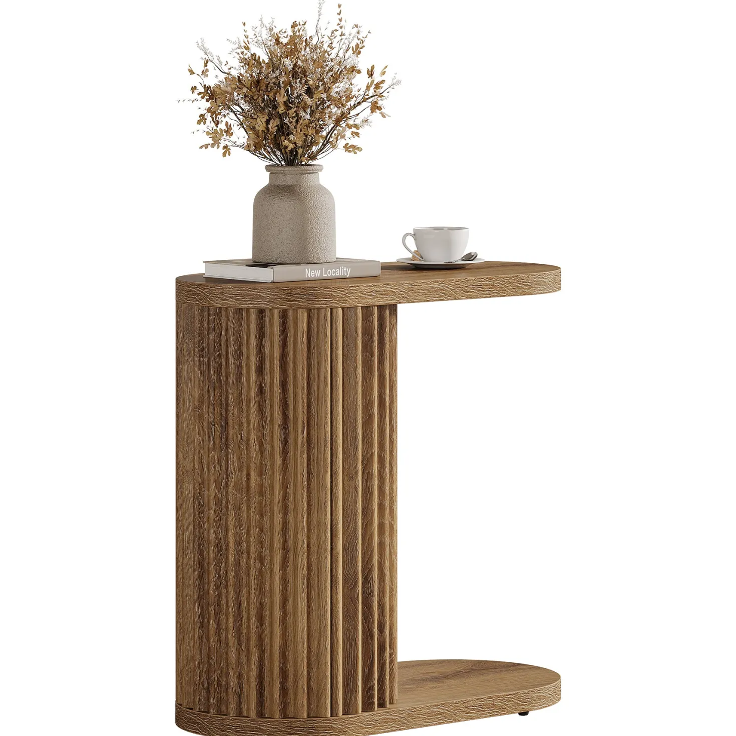 23.62" Fluted C-Shaped End Table with Oval Top, Narrow Side Table for Couch