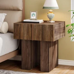 19.6" Fluted Nightstand, Wooden Bedside Table with Storage Drawer
