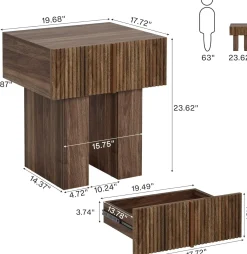 19.6" Fluted Nightstand, Wooden Bedside Table with Storage Drawer