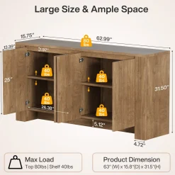 63" Fluted Sideboard Buffet Cabinet with Storage, Modern Coffee Bar Cabinet with Adjustable Shelves