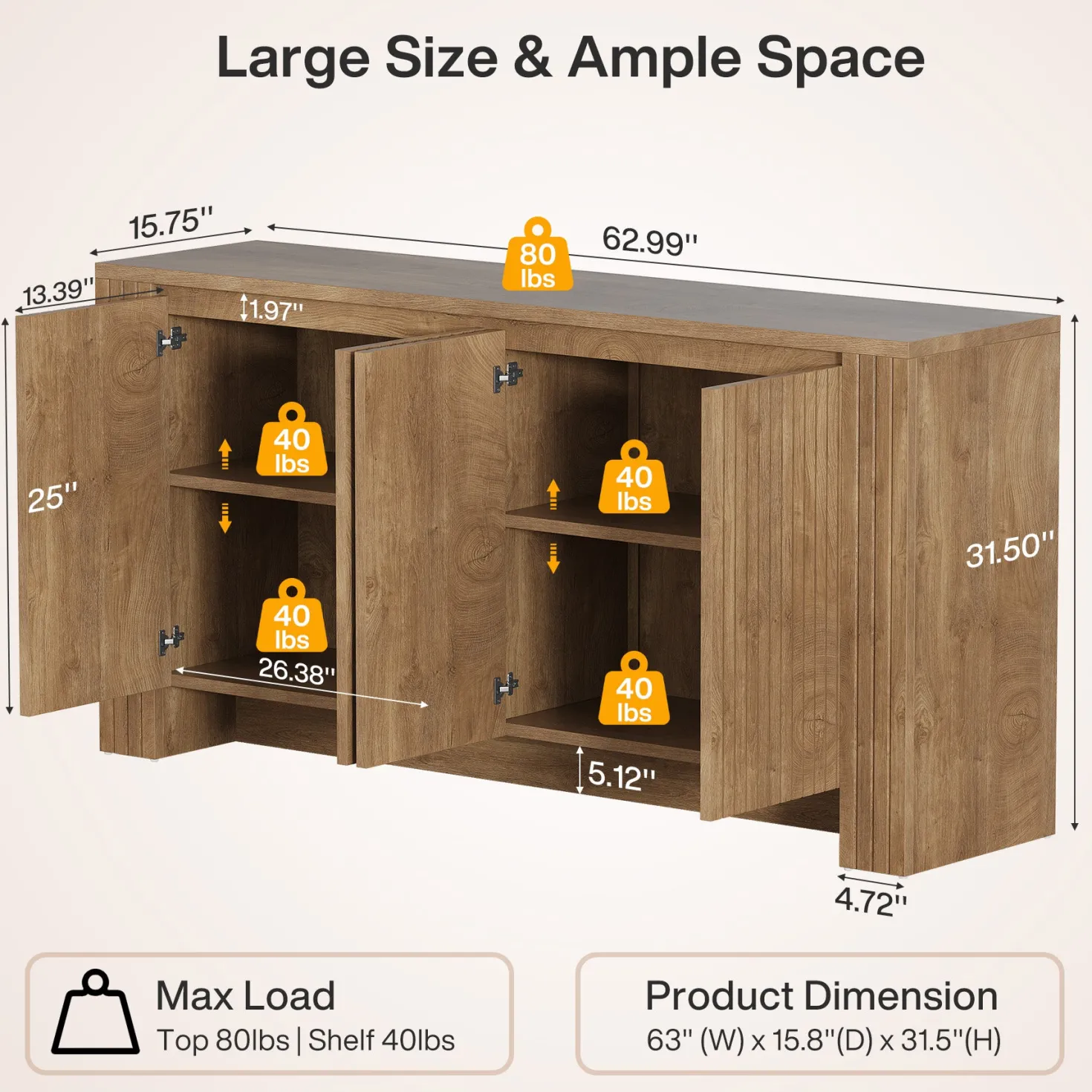 63" Fluted Sideboard Buffet Cabinet with Storage, Modern Coffee Bar Cabinet with Adjustable Shelves