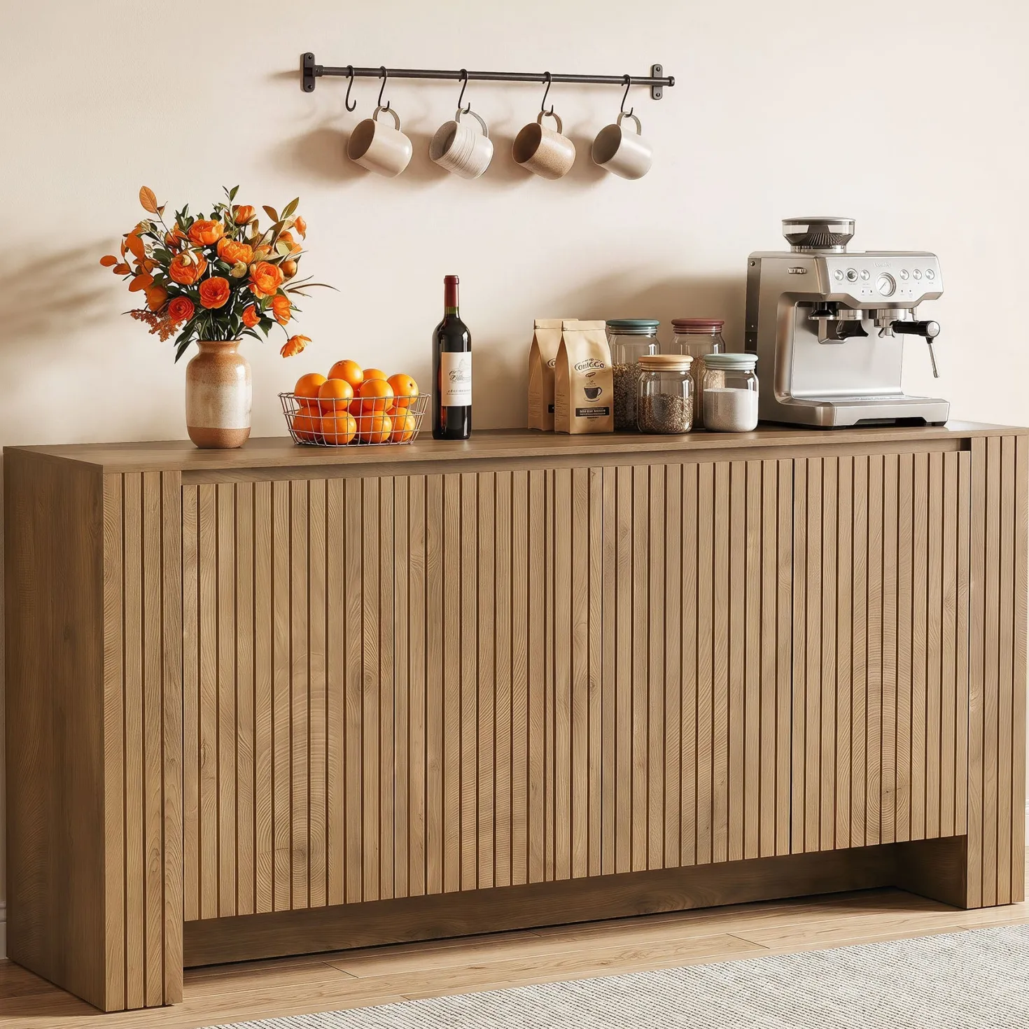 63" Fluted Sideboard Buffet Cabinet with Storage, Modern Coffee Bar Cabinet with Adjustable Shelves