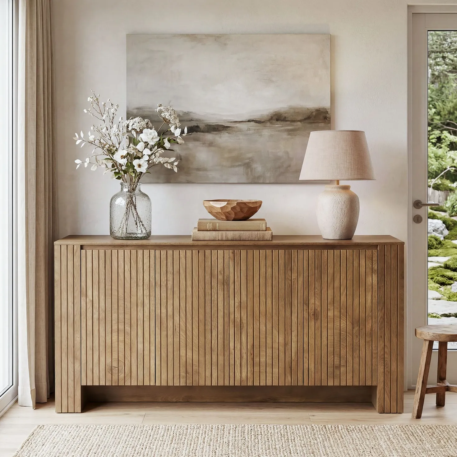 63" Fluted Sideboard Buffet Cabinet with Storage, Modern Coffee Bar Cabinet with Adjustable Shelves