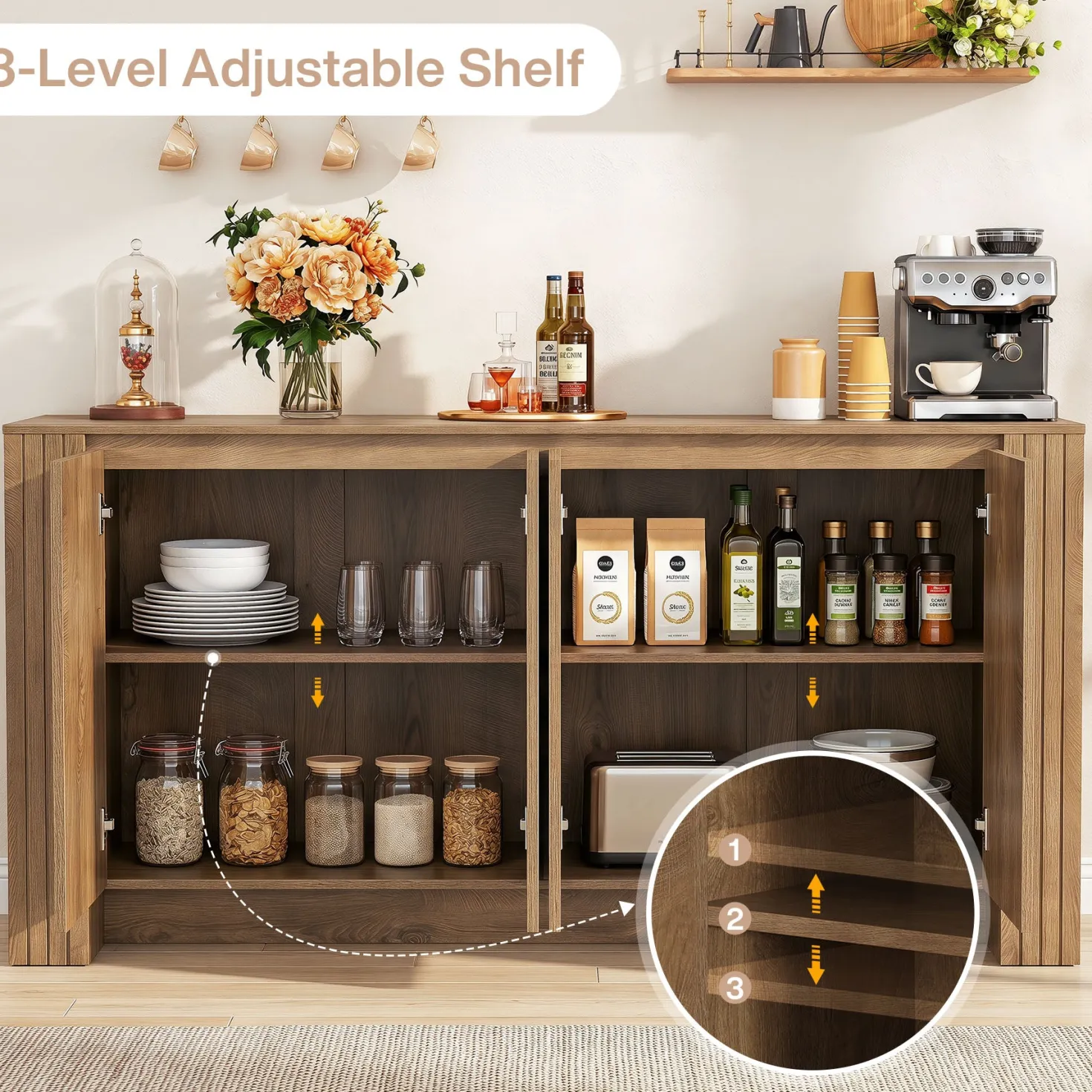 63" Fluted Sideboard Buffet Cabinet with Storage, Modern Coffee Bar Cabinet with Adjustable Shelves