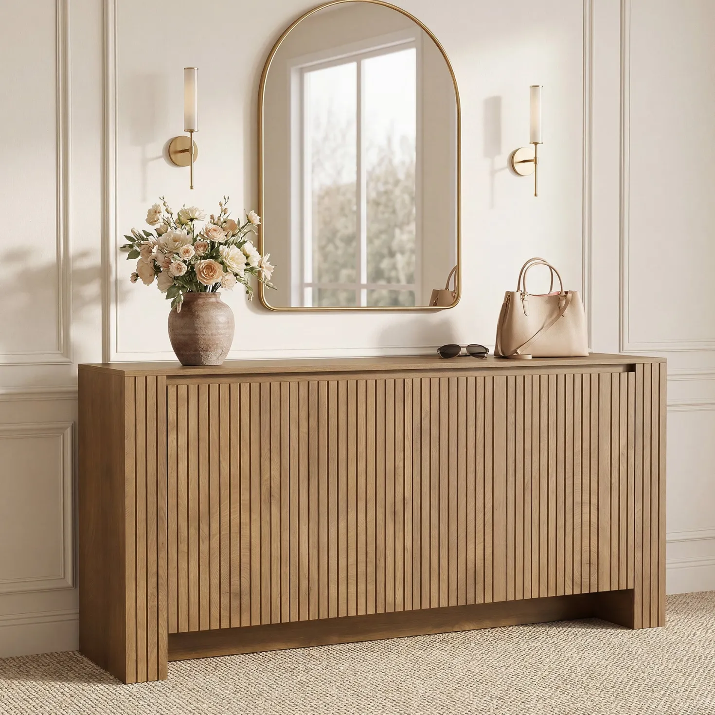 63" Fluted Sideboard Buffet Cabinet with Storage, Modern Coffee Bar Cabinet with Adjustable Shelves