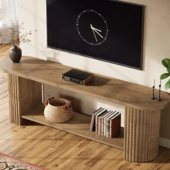 63” Fluted TV Stand, Farmhouse Entertainment Center with Storage Shelf