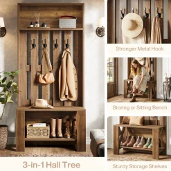 70.8" Freestanding Hall Tree, Coat Rack with Shoe Bench and Hooks