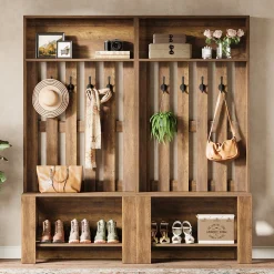 70.8" Freestanding Hall Tree, Coat Rack with Shoe Bench and Hooks