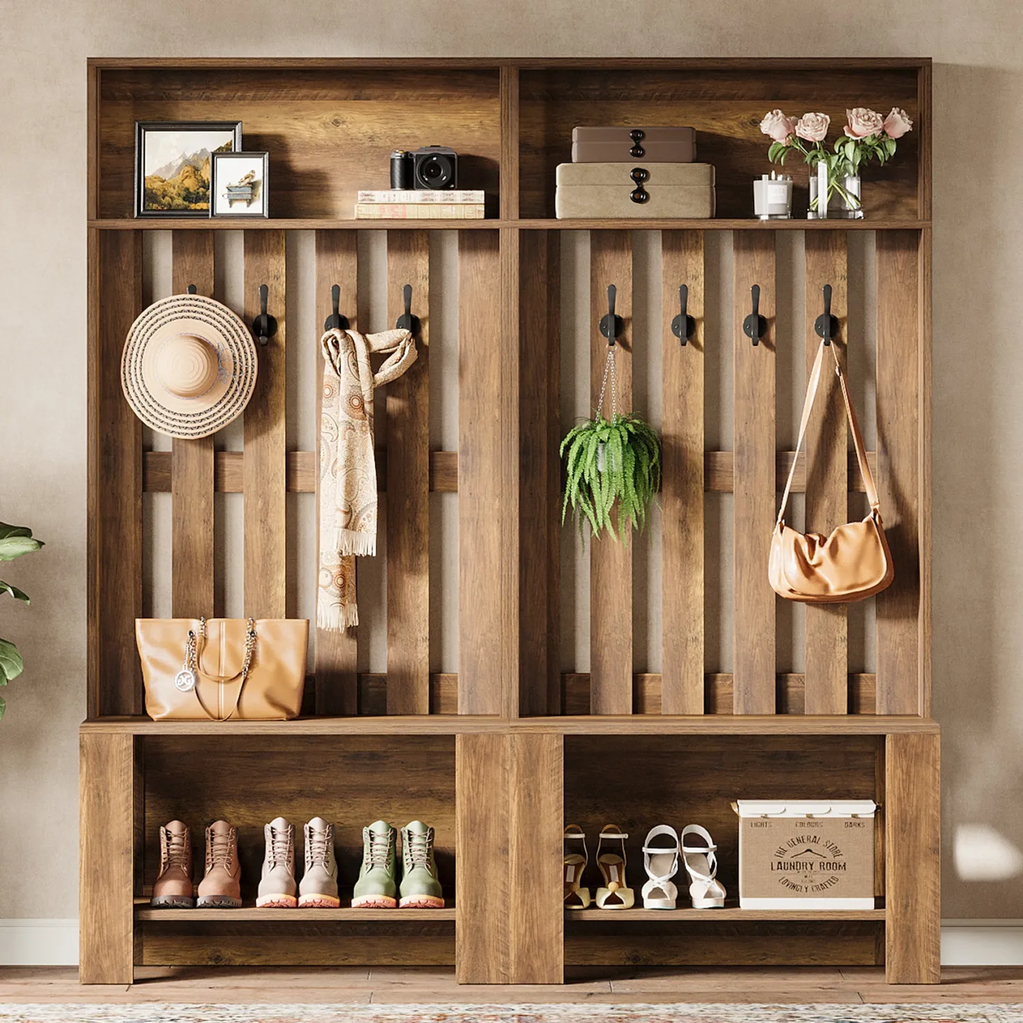 70.8" Freestanding Hall Tree, Coat Rack with Shoe Bench and Hooks