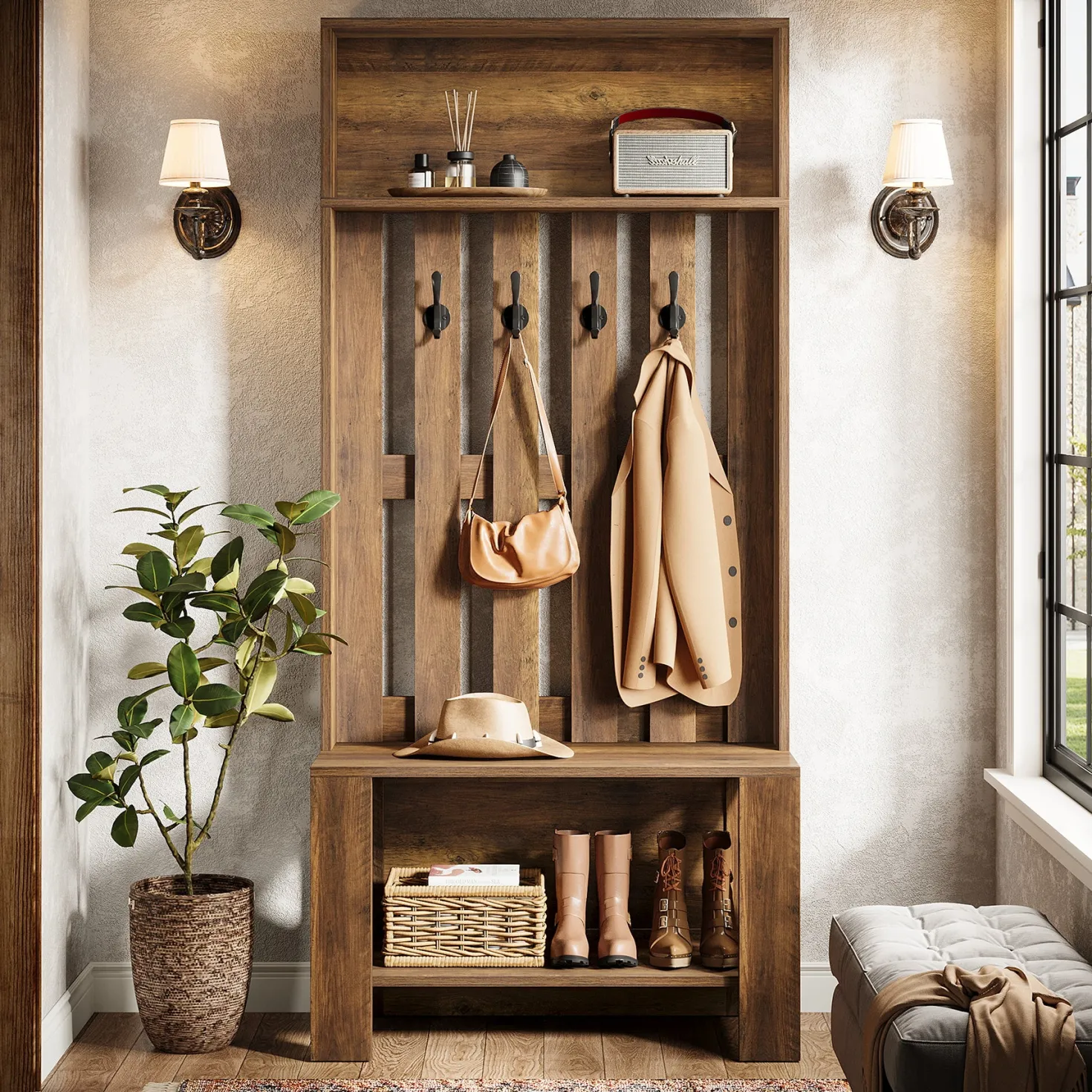 70.8" Freestanding Hall Tree, Coat Rack with Shoe Bench and Hooks