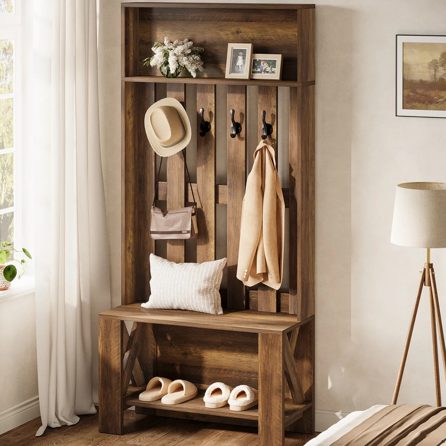 70.8" Freestanding Hall Tree, Coat Rack with Shoe Bench and Hooks