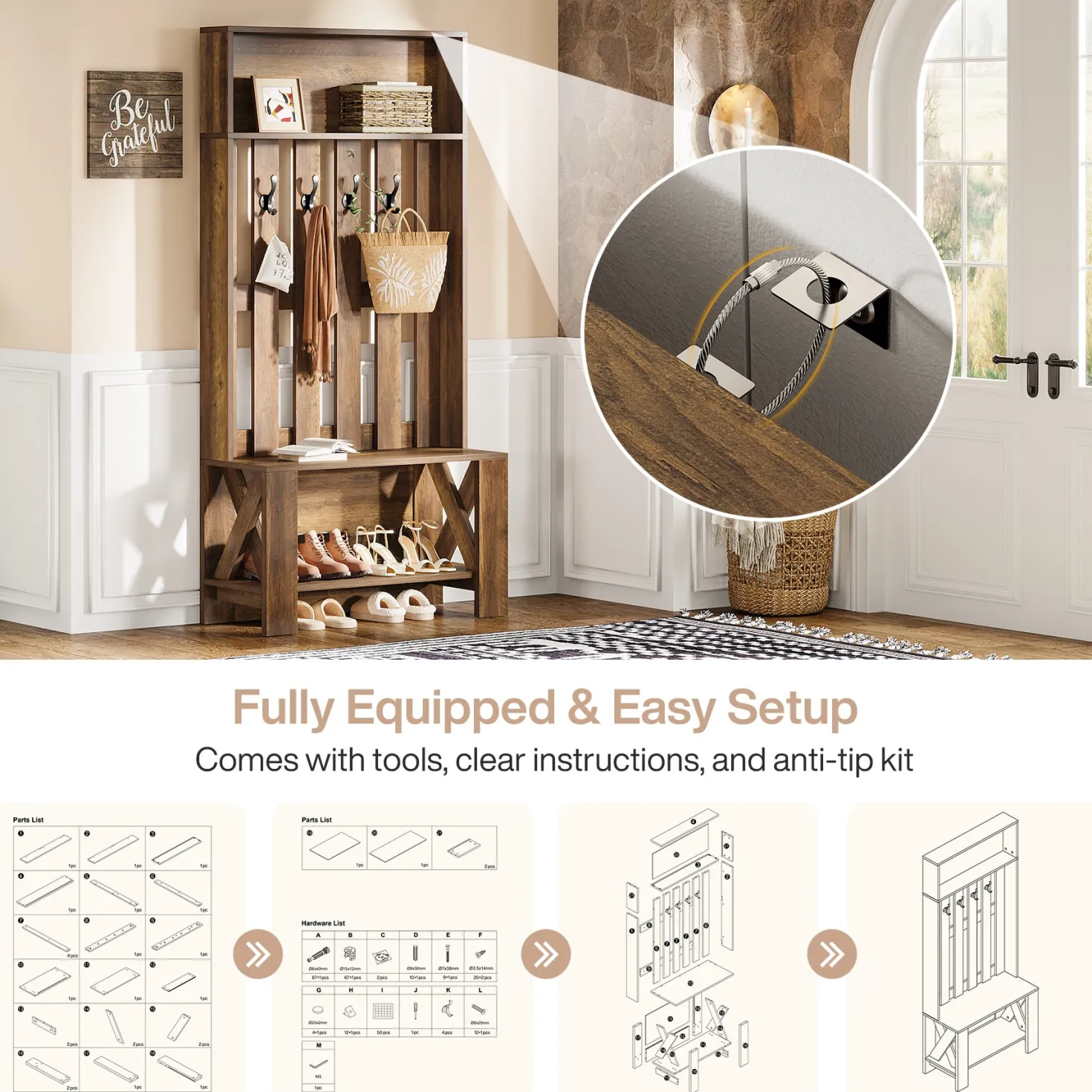 70.8" Freestanding Hall Tree, Coat Rack with Shoe Bench and Hooks