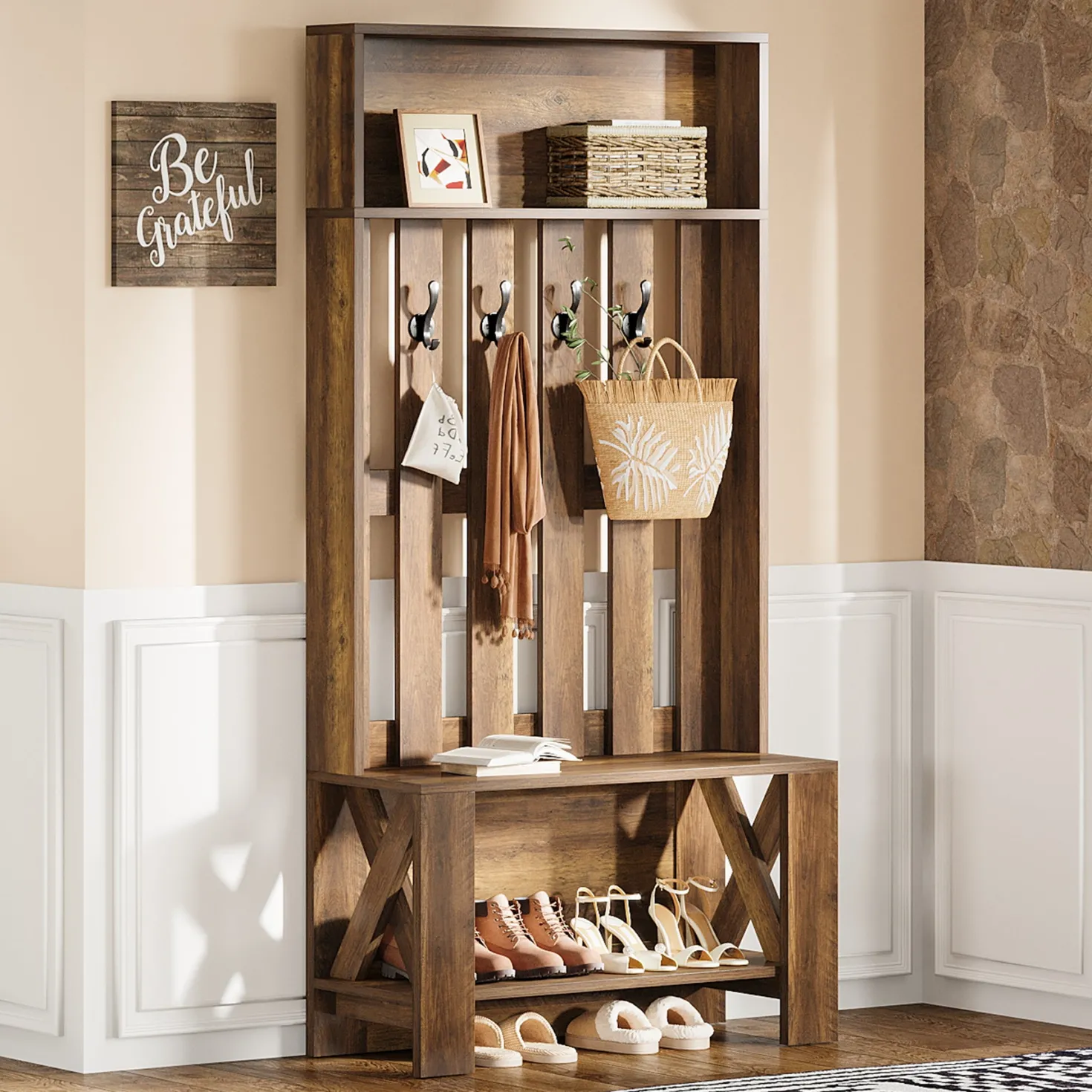 70.8" Freestanding Hall Tree, Coat Rack with Shoe Bench and Hooks