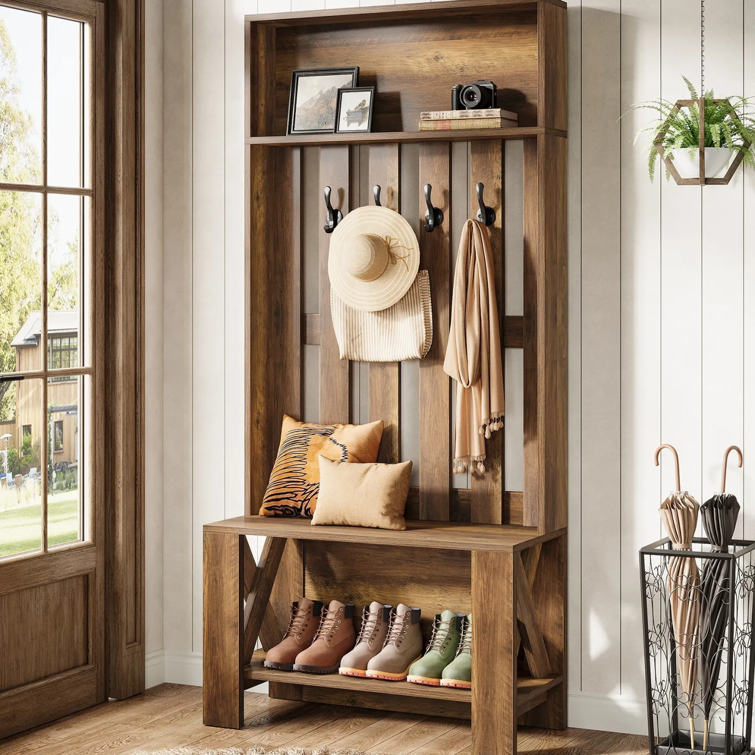 70.8" Freestanding Hall Tree, Coat Rack with Shoe Bench and Hooks