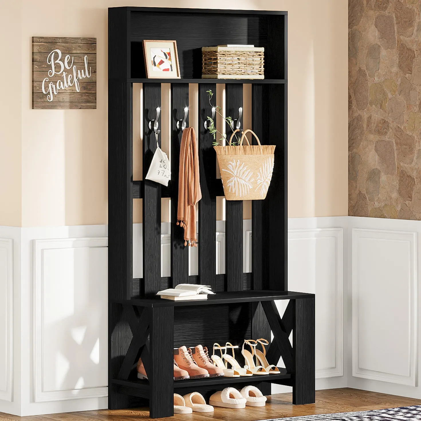 70.8" Freestanding Hall Tree, Coat Rack with Shoe Bench and Hooks