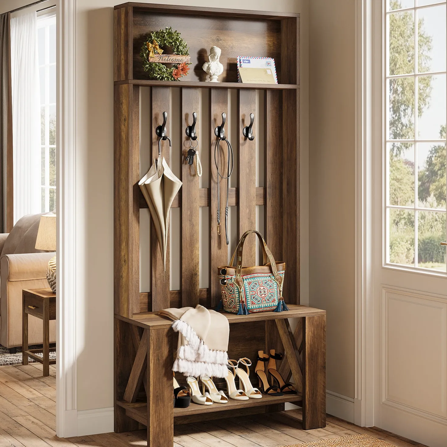 70.8" Freestanding Hall Tree, Coat Rack with Shoe Bench and Hooks
