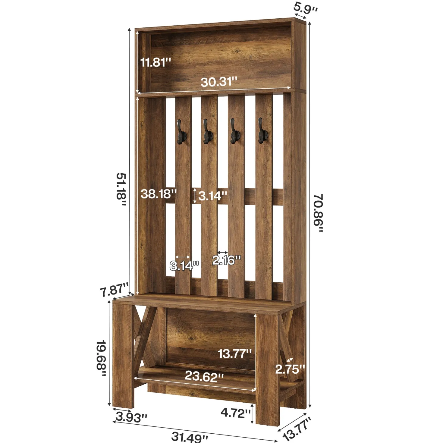 70.8" Freestanding Hall Tree, Coat Rack with Shoe Bench and Hooks
