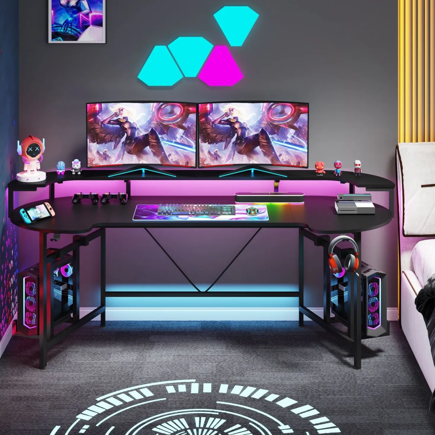 75" Gaming Desk, Black Computer Desk with LED Strip & Monitor Shelf