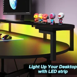 75" Gaming Desk, Black Computer Desk with LED Strip & Monitor Shelf
