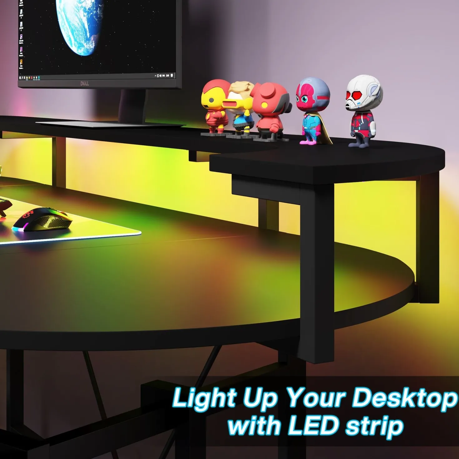 75" Gaming Desk, Black Computer Desk with LED Strip & Monitor Shelf