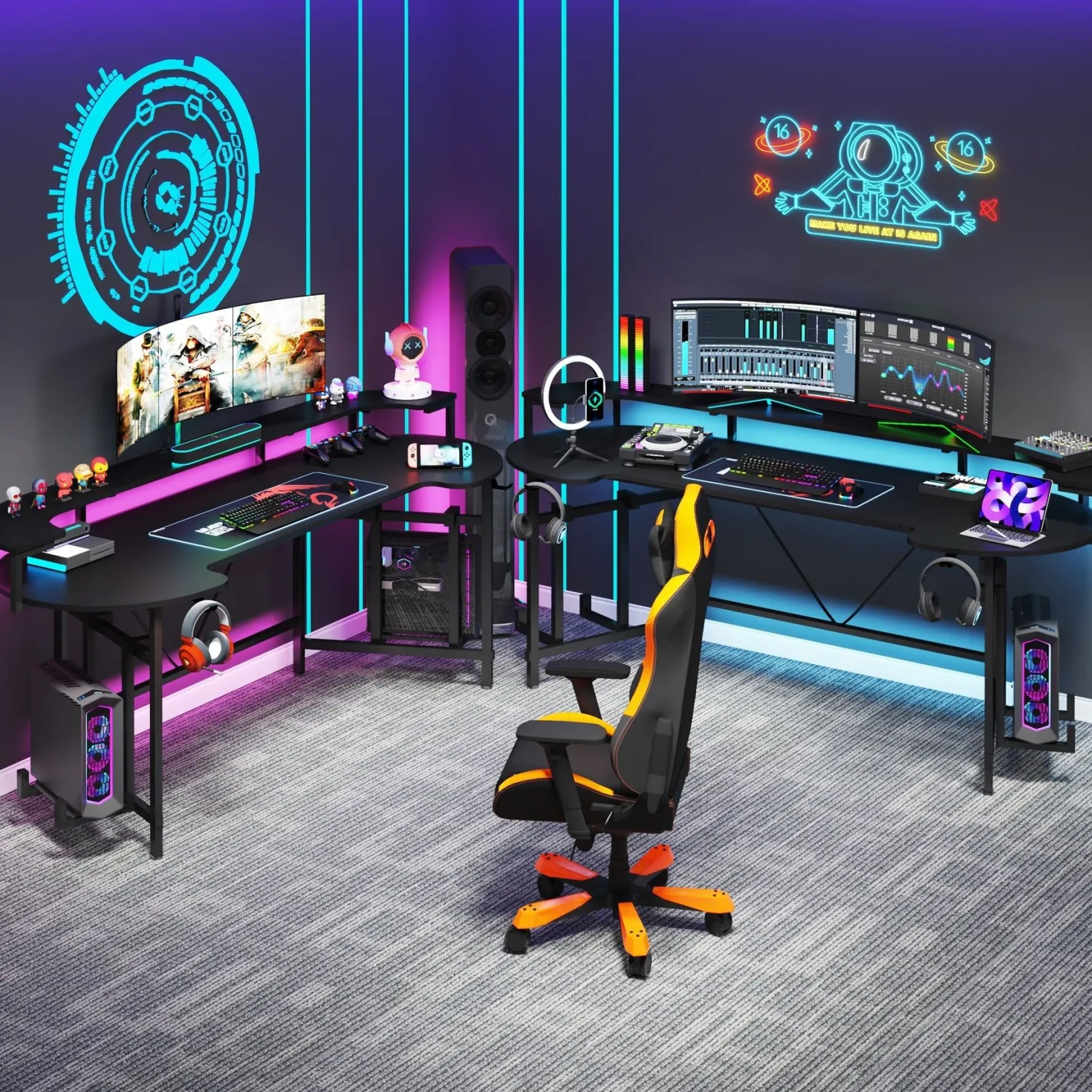75" Gaming Desk, Black Computer Desk with LED Strip & Monitor Shelf