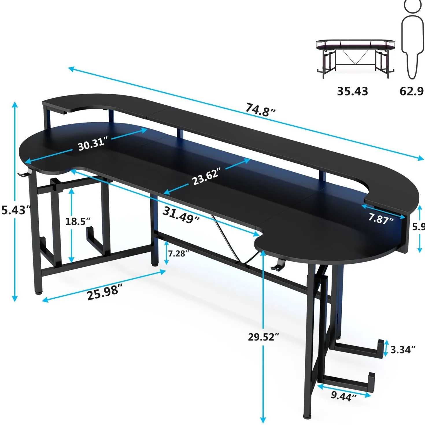 75" Gaming Desk, Black Computer Desk with LED Strip & Monitor Shelf