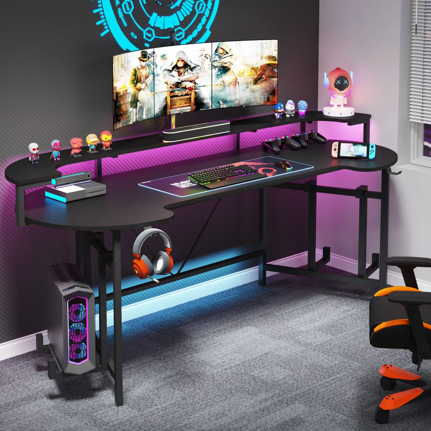 75" Gaming Desk, Black Computer Desk with LED Strip & Monitor Shelf